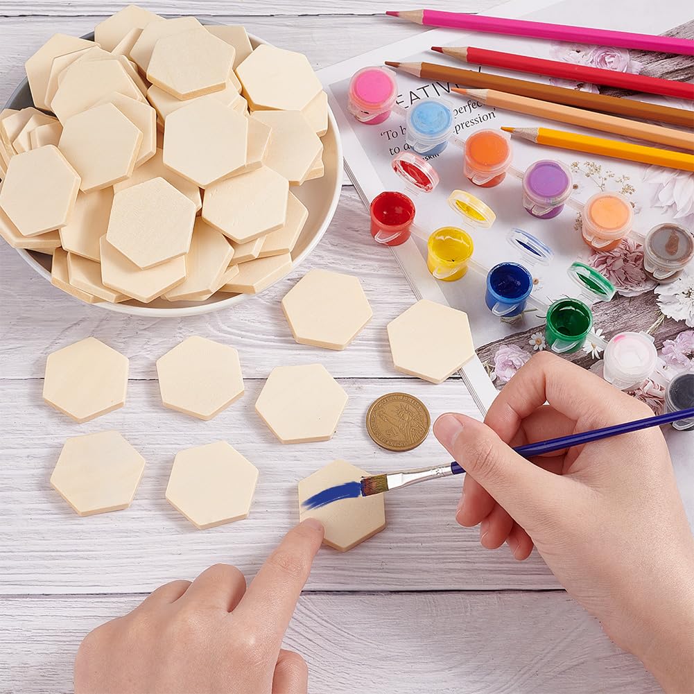 OLYCRAFT 100PCS Unfinished Natural Wood Hexagon Cutouts for DIY Crafts and Holiday Decoration 1.5x1.3x0.2 Inch - View 3 of 8