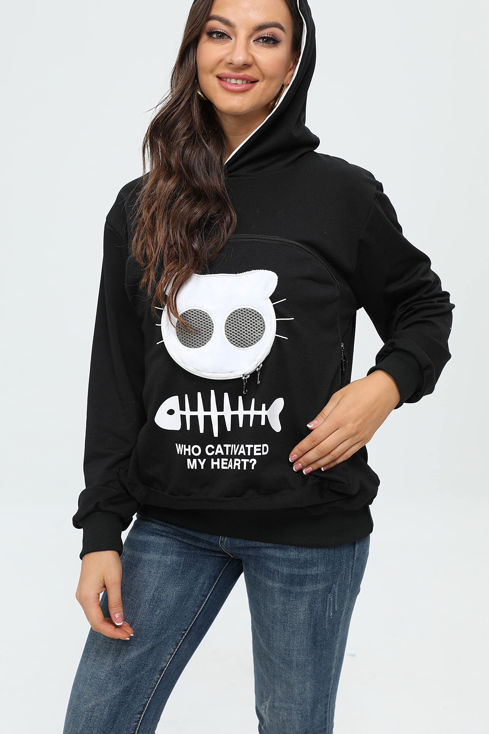 BOMBAXCEIBA Cat Dog Pet Carrier Sweater Hoodie for Puppies Kittens Black XL Comfortable Kangaroo Style - View 4 of 8