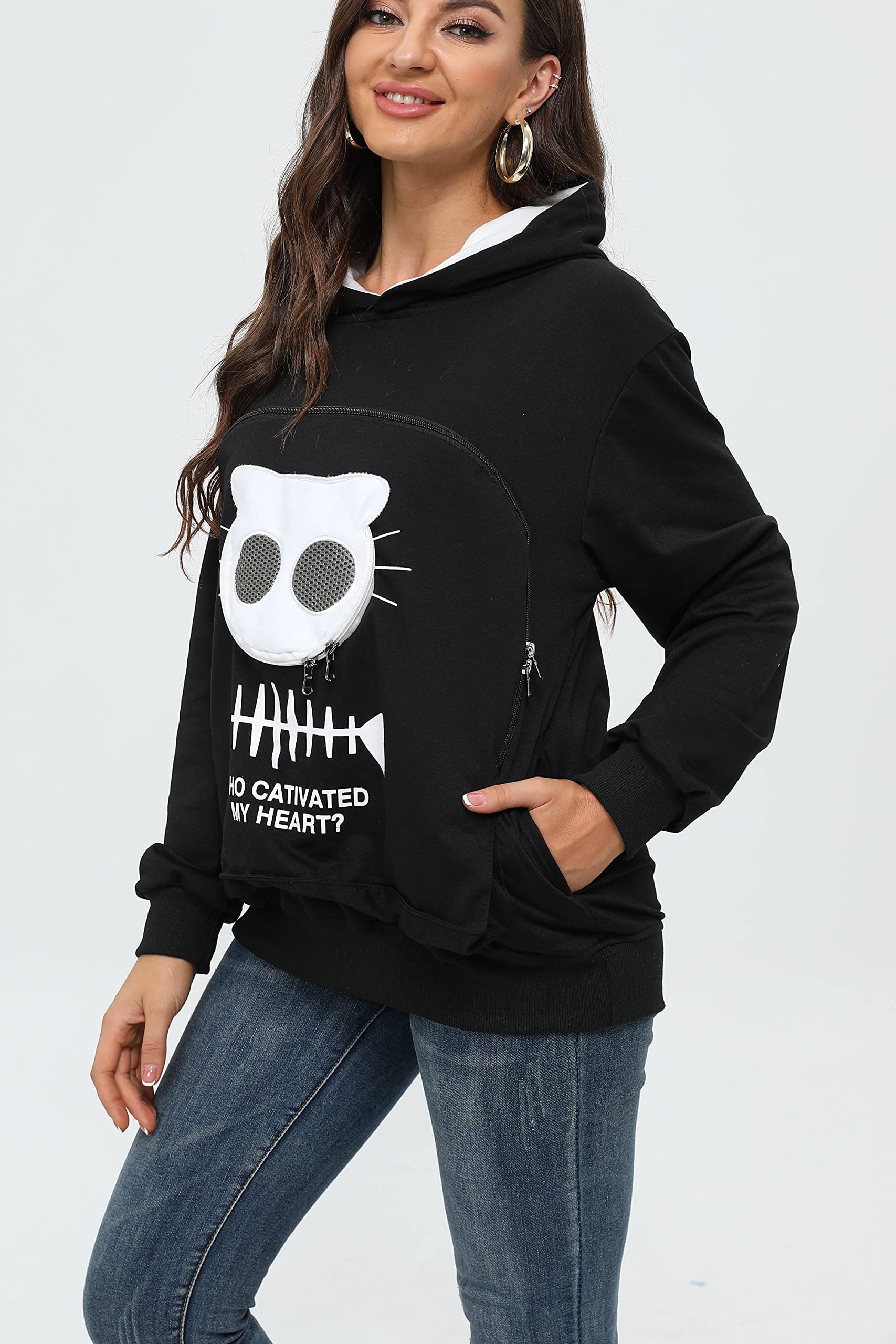 BOMBAXCEIBA Cat Dog Pet Carrier Sweater Hoodie for Puppies Kittens Black XL Comfortable Kangaroo Style - View 6 of 8