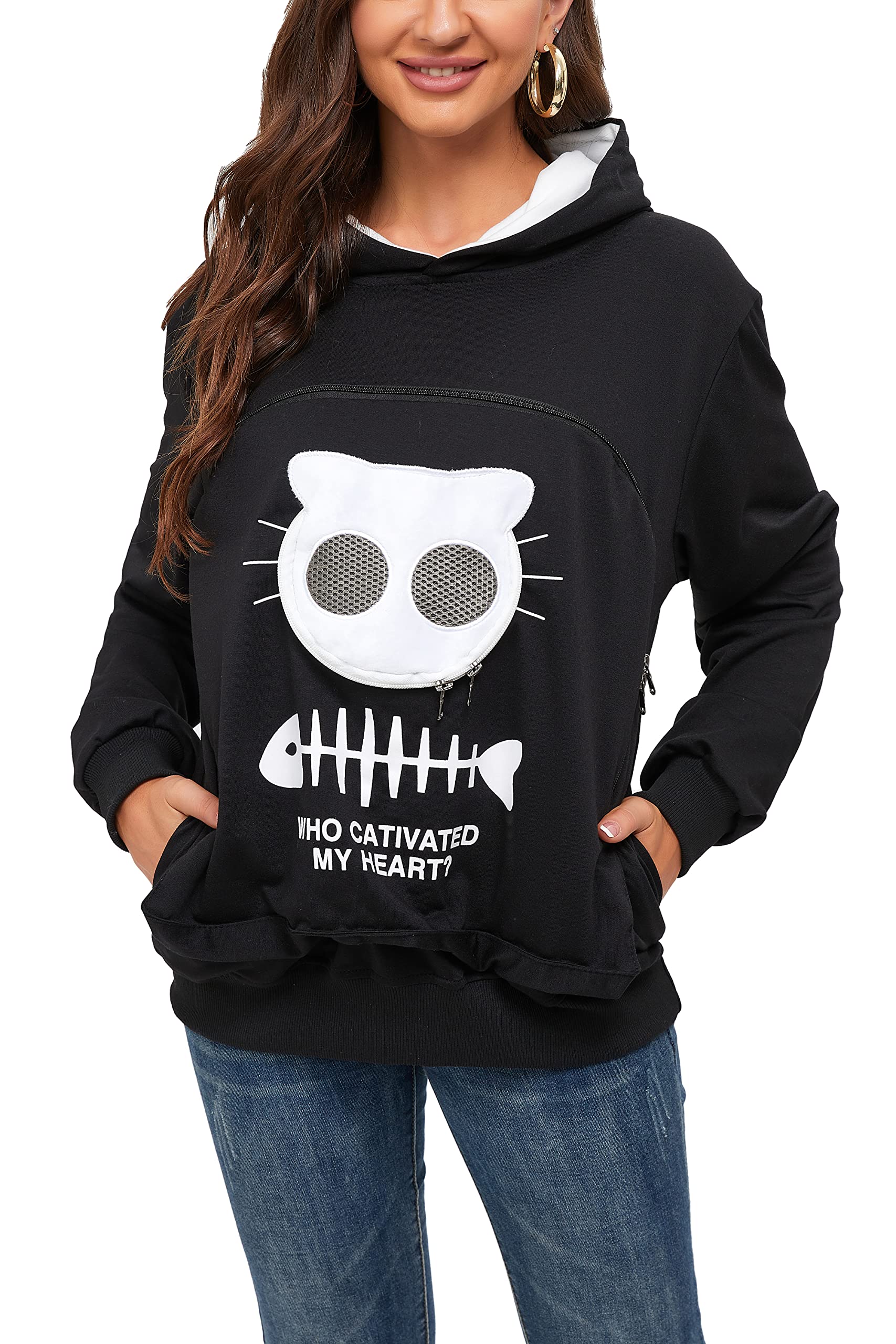 BOMBAXCEIBA Cat Dog Pet Carrier Sweater Hoodie for Puppies Kittens Black XL Comfortable Kangaroo Style