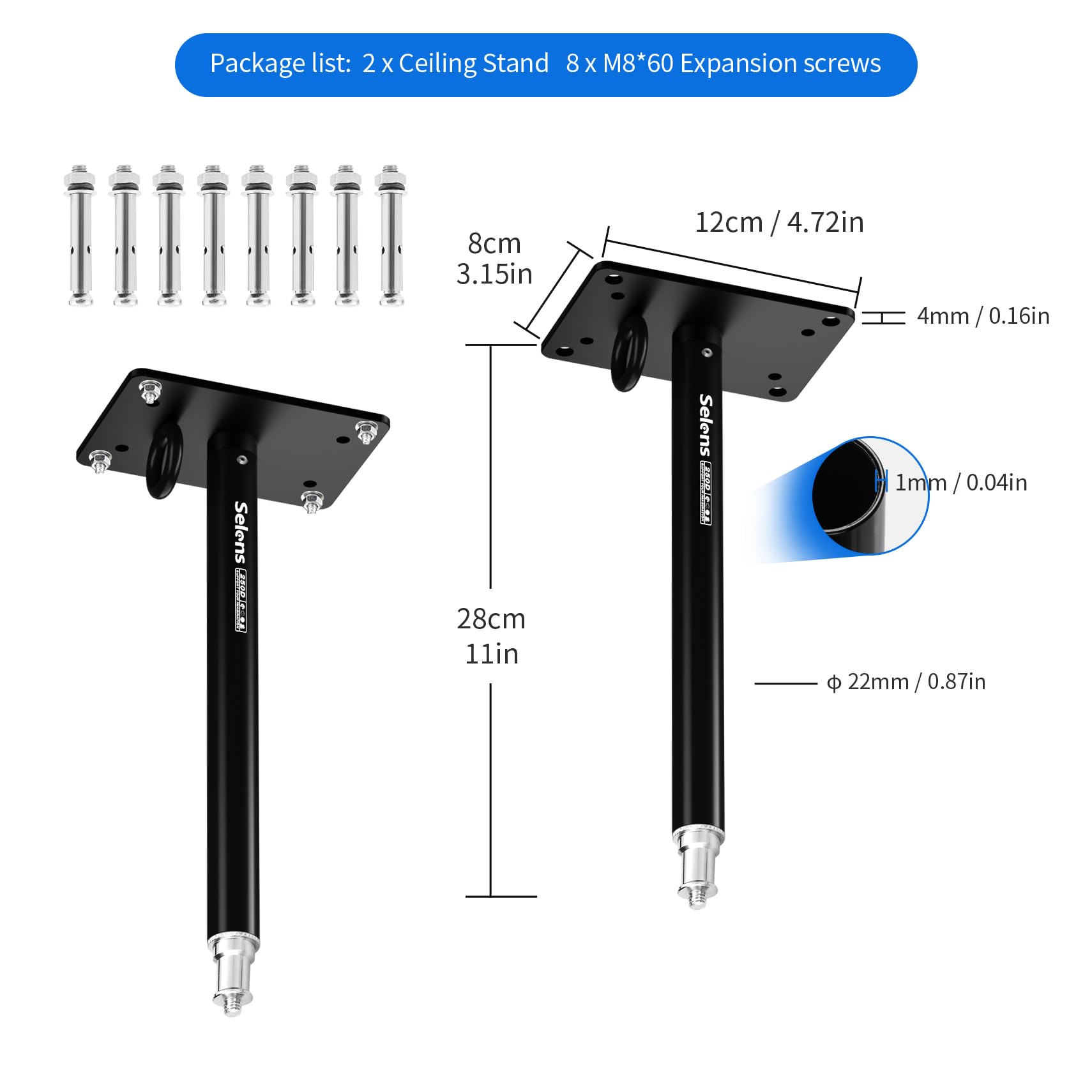 Selens Selens 2 Pack Camera Ceiling Mount 11 Inch Wall Mount Bracket with Universal Adapter for Video Light Ring Light Softbox Reflector Led Light - View 6 of 6