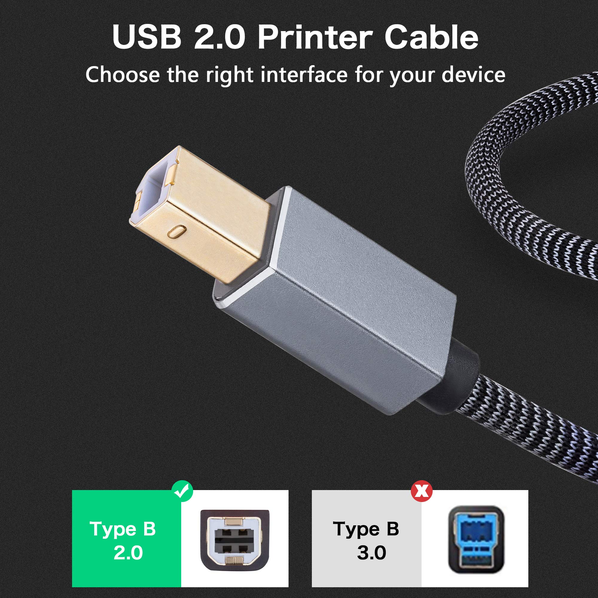 Nanxudyj 10ft USB 2.0 Printer Cable Type A to B High Speed Compatible with HP Canon Dell Epson Lexmark Xerox Samsung and More - View 4 of 7