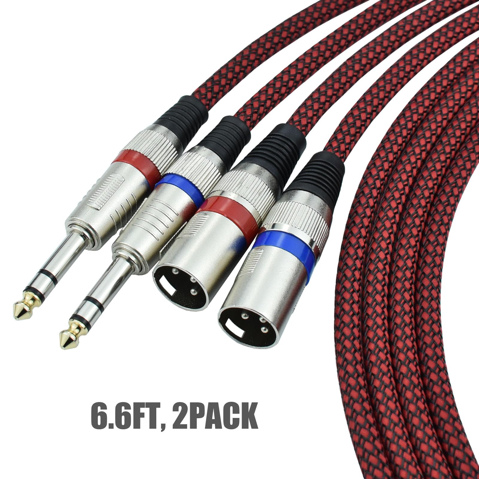 Mugteeve XLR Male to 1/4 TRS Cable Balanced 6.6FT Stereo Microphone Cord Adapter Nylon Braided OFC Shielded Red Color 2Pack - View 2 of 8
