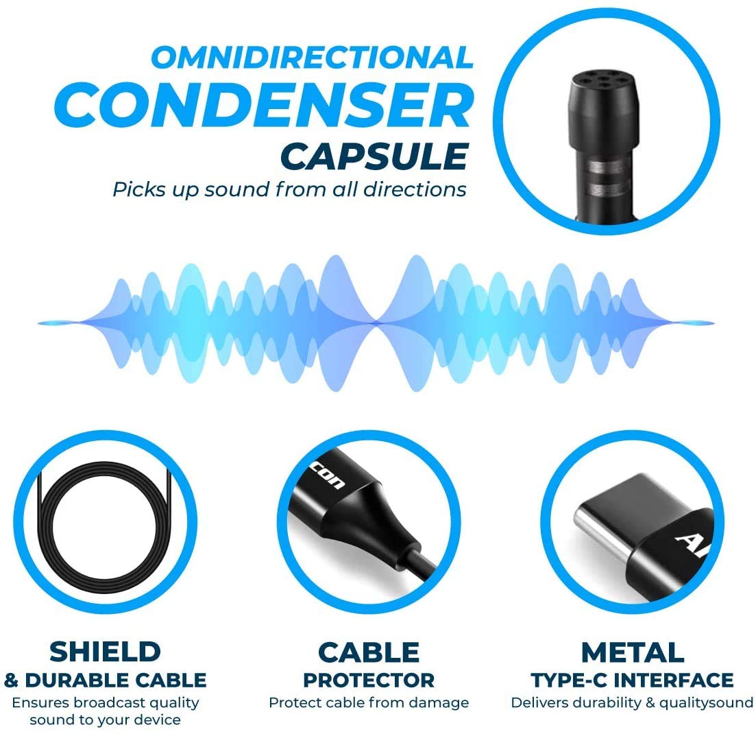 Alvoxcon Lavalier Lapel Microphone for Android Smartphone and Tablet USB Type C Ideal for YouTube Vlog TikTok Conference Handsfree Use - View 2 of 6