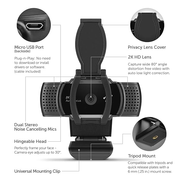 Aluratek Aluratek 2K HD Webcam: Dual Stereo Mics, Auto Focus, Low Light Correction & Tripod Mount - Perfect for Streaming & Video Calls - View 7 of 8