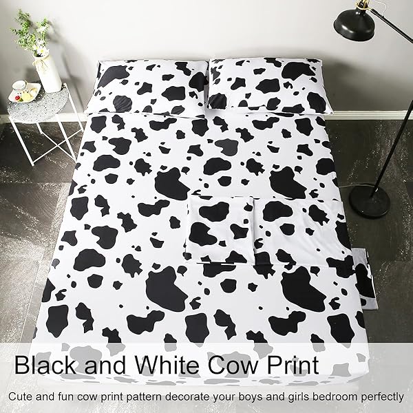 WINLIFE WINLIFE Cartoon Cow Print Sheet Set Black White Western Design for Kids Full Bed Sheets with Fitted Flat Sheet and Pillowcases - View 3 of 9