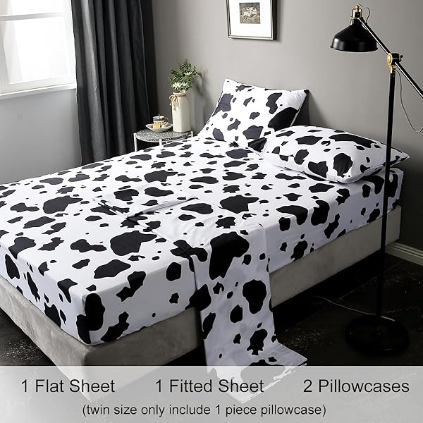 WINLIFE WINLIFE Cartoon Cow Print Sheet Set Black White Western Design for Kids Full Bed Sheets with Fitted Flat Sheet and Pillowcases - View 4 of 9