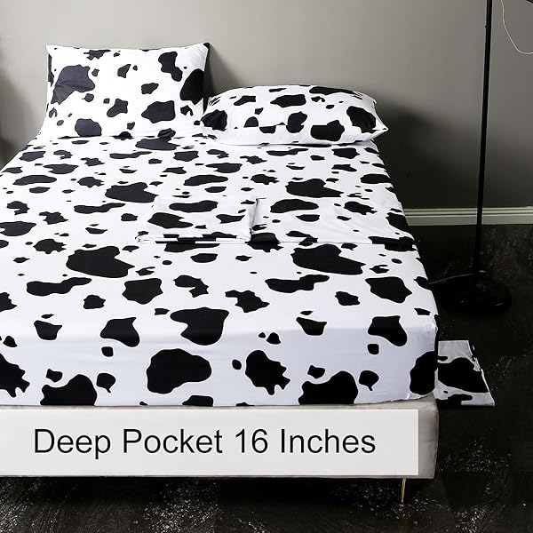 WINLIFE WINLIFE Cartoon Cow Print Sheet Set Black White Western Design for Kids Full Bed Sheets with Fitted Flat Sheet and Pillowcases - View 5 of 9