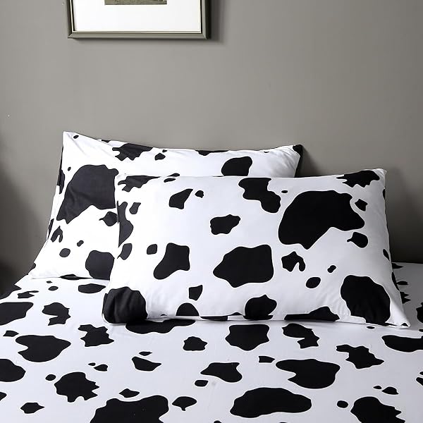WINLIFE WINLIFE Cartoon Cow Print Sheet Set Black White Western Design for Kids Full Bed Sheets with Fitted Flat Sheet and Pillowcases - View 6 of 9