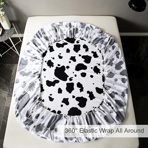 WINLIFE WINLIFE Cartoon Cow Print Sheet Set Black White Western Design for Kids Full Bed Sheets with Fitted Flat Sheet and Pillowcases - View 7 of 9