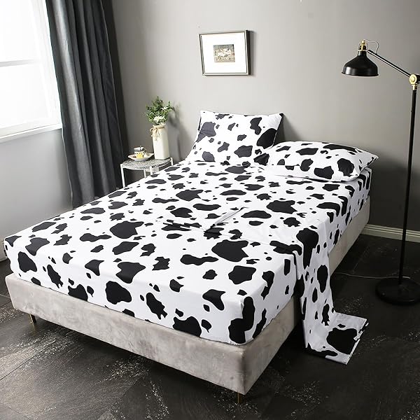 WINLIFE WINLIFE Cartoon Cow Print Sheet Set Black White Western Design for Kids Full Bed Sheets with Fitted Flat Sheet and Pillowcases
