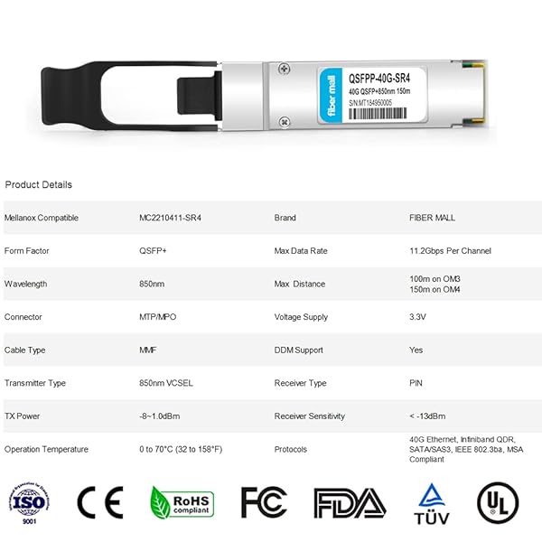 fiber mall 40G QSFP+ SR4 Optical Transceiver Module for Mellanox MC2210411-SR4 850nm 150m MTP MPO DOM High Speed Networking Solution - View 3 of 7