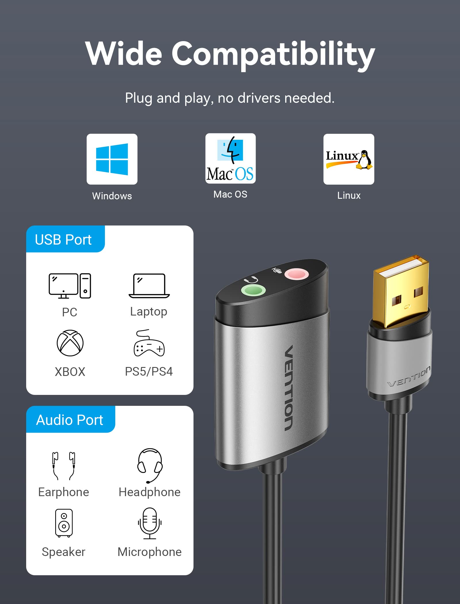 VENTION USB Audio Adapter External Stereo Sound Card for 3.5mm Headphone Microphone Jack Compatible with Windows MAC Linux PC Laptop PS5 - View 5 of 7