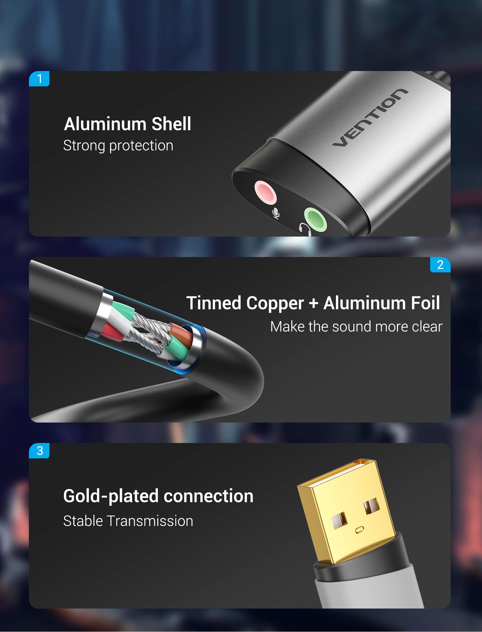 VENTION USB Audio Adapter External Stereo Sound Card for 3.5mm Headphone Microphone Jack Compatible with Windows MAC Linux PC Laptop PS5 - View 7 of 7