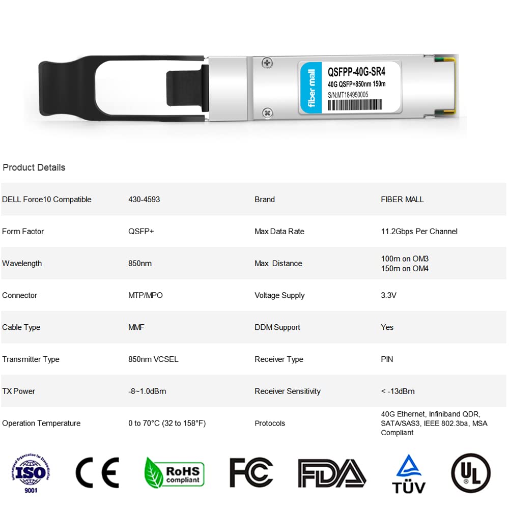 40G QSFP SR4 Dell Networking 430-4593 40GBASE-SR4 850nm 150m MTP MPO DOM Optical Transceiver Module - View 2 of 6