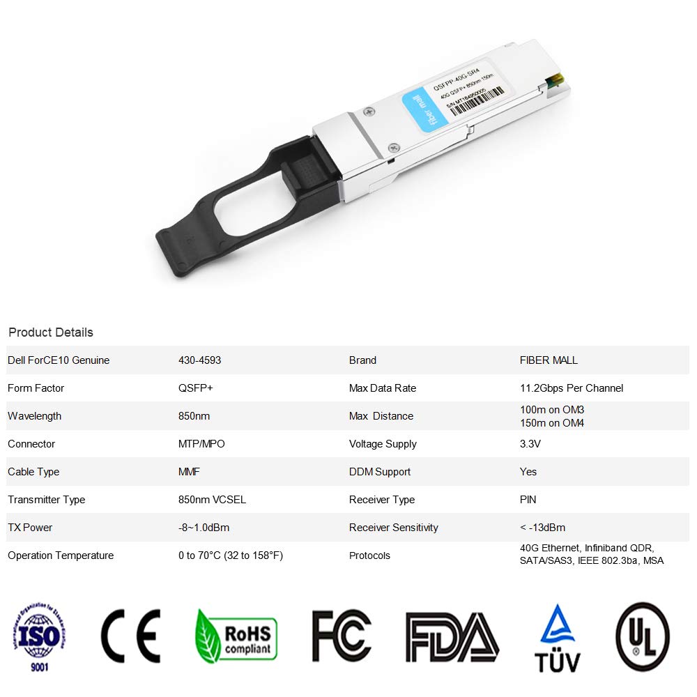 40G QSFP SR4 Dell Networking 430-4593 40GBASE-SR4 850nm 150m MTP MPO DOM Optical Transceiver Module - View 6 of 6