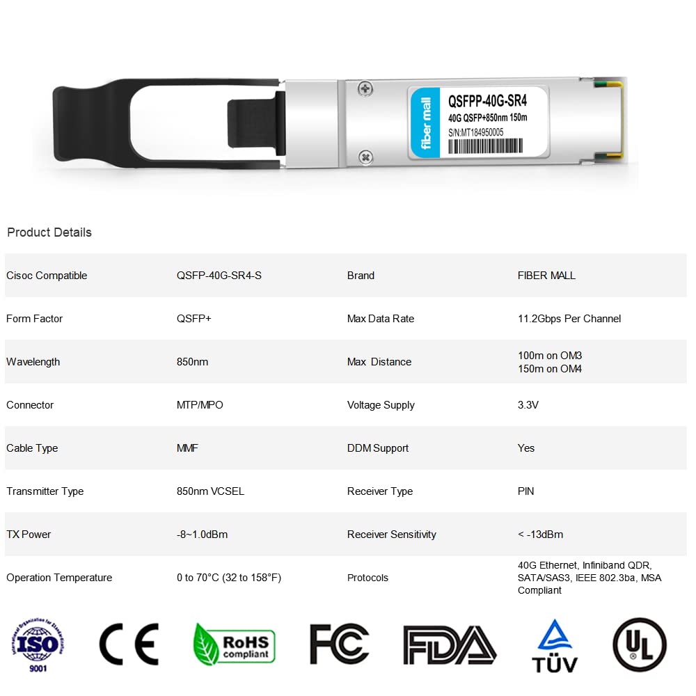 40G QSFP+ SR4 Cisco Meraki MA-QSFP-40G-SR4 40GBASE-SR4 850nm 150m MTP MPO DOM Optical Transceiver Module - View 2 of 6
