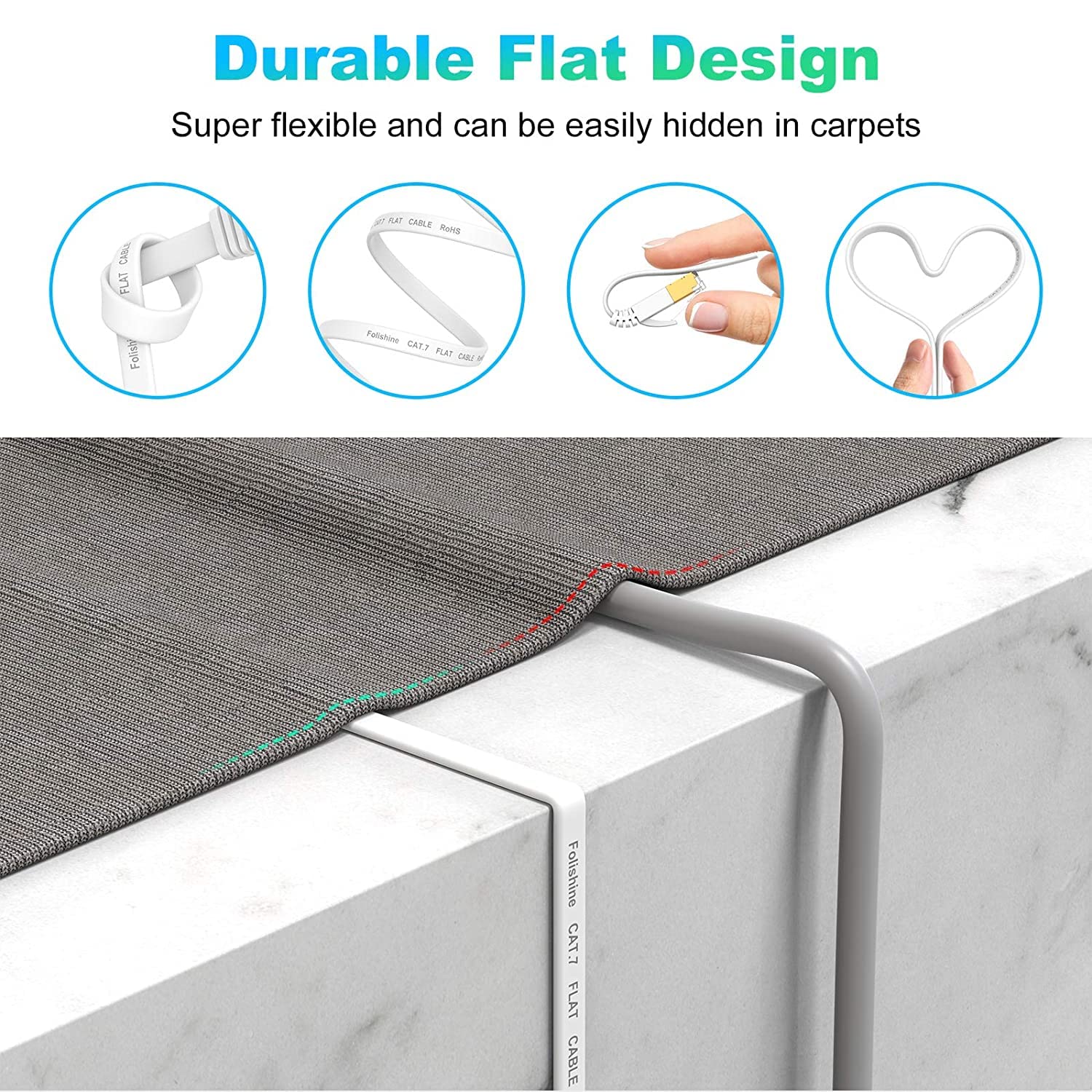 Folishine High Speed Cat 7 Ethernet Cable 100 ft Flat Shielded Network Wire for Modem Router Xbox Faster Than Cat5e Cat6 Includes Free Cable Clips - View 4 of 8