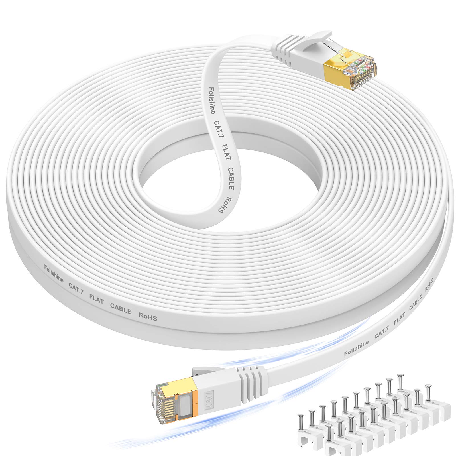 Folishine High Speed Cat 7 Ethernet Cable 100 ft Flat Shielded Network Wire for Modem Router Xbox Faster Than Cat5e Cat6 Includes Free Cable Clips