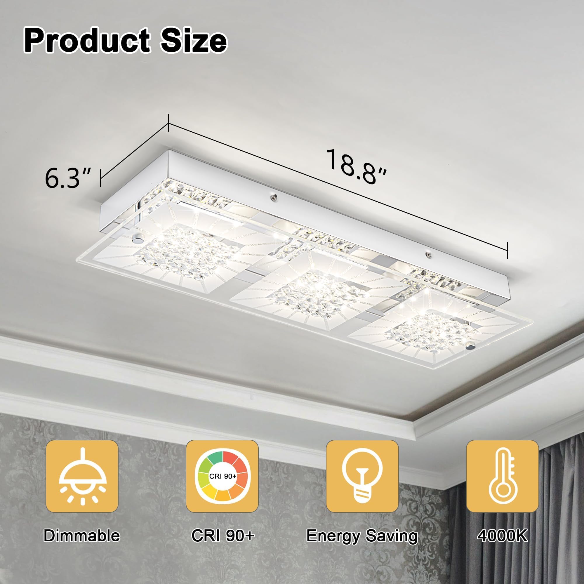Lzawvm Dimmable LED Crystal Ceiling Light Fixture 18 Inch for Kitchen Bathroom Bedroom Flush Mount 4000K - View 4 of 9