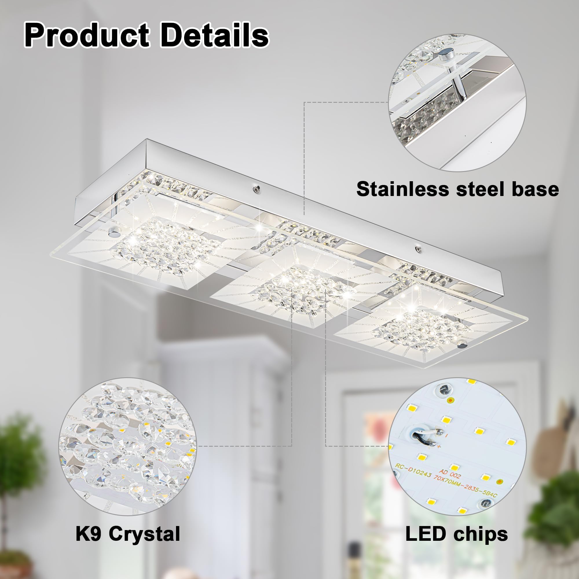 Lzawvm Dimmable LED Crystal Ceiling Light Fixture 18 Inch for Kitchen Bathroom Bedroom Flush Mount 4000K - View 5 of 9