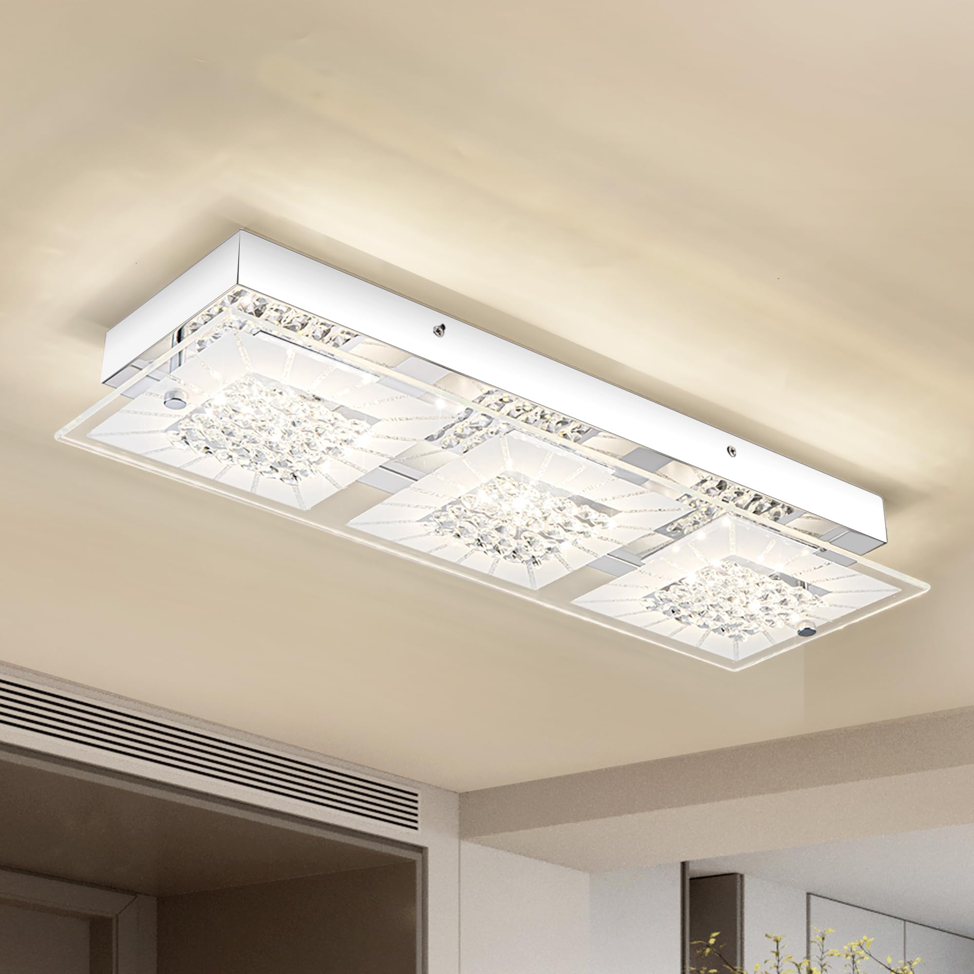 Lzawvm Dimmable LED Crystal Ceiling Light Fixture 18 Inch for Kitchen Bathroom Bedroom Flush Mount 4000K
