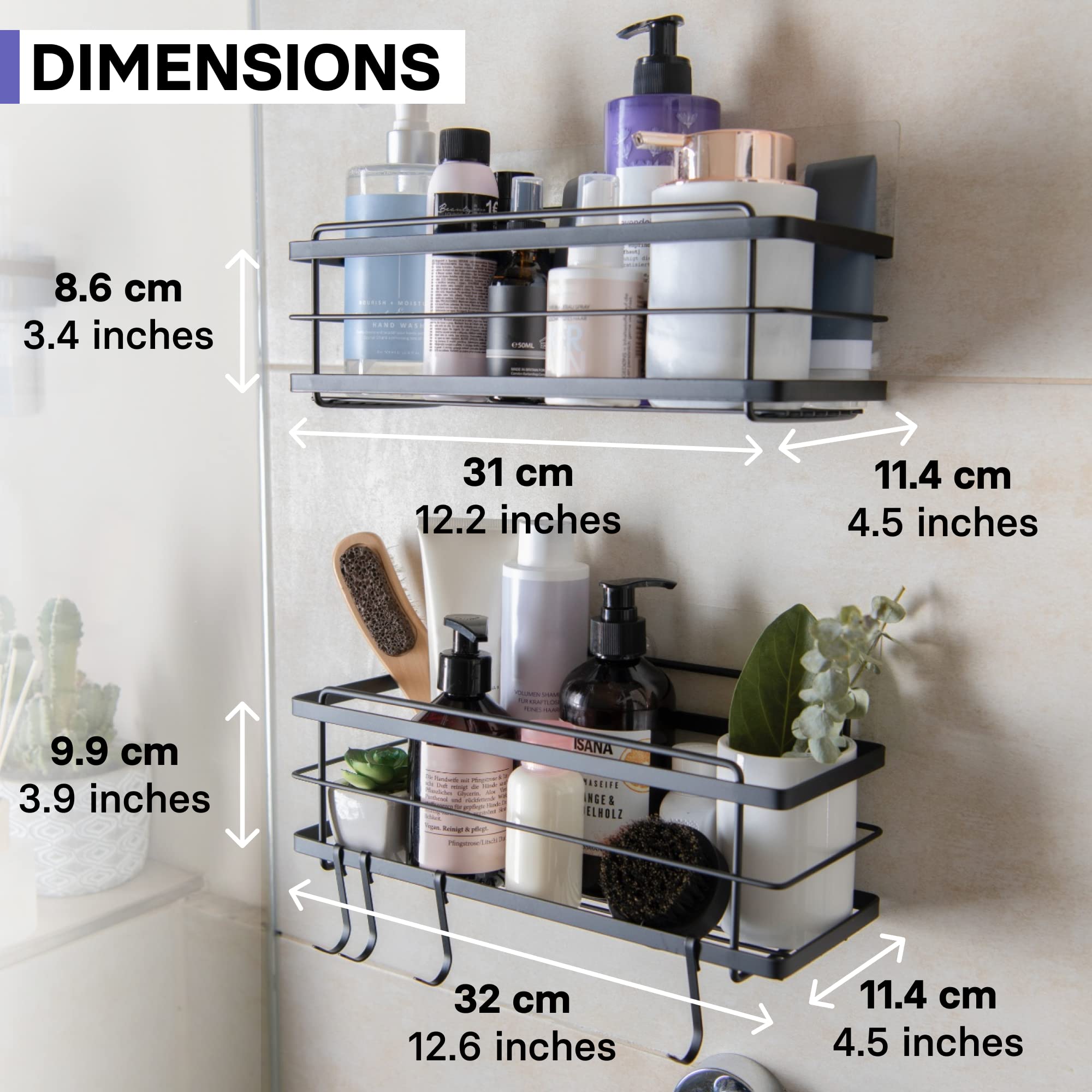 KINCMAX Premium Shower Caddy 2-Pack Adhesive Organizer No Drill Rustproof Stainless Steel Shower Shelves Matte Black for Shampoo Storage - View 7 of 7