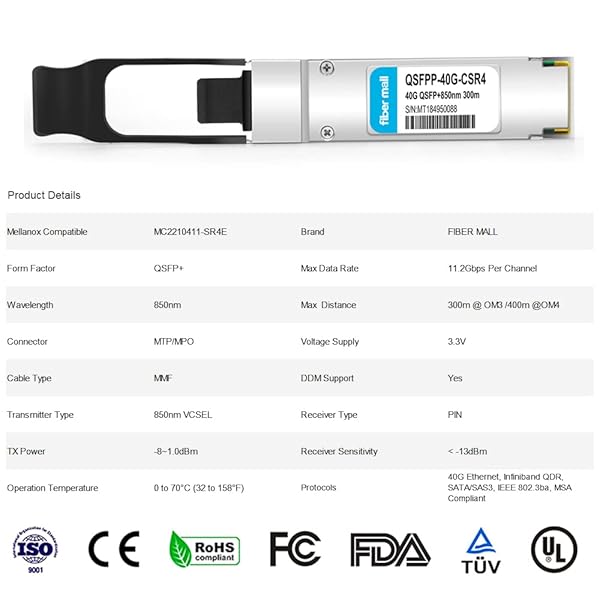 fiber mall 40G QSFP+ CSR4 Compatible with Mellanox MC2210411-SR4E 40GBASE-SR4E 850nm 400m MTP MPO MMF DOM Optical Transceiver Module - View 3 of 7