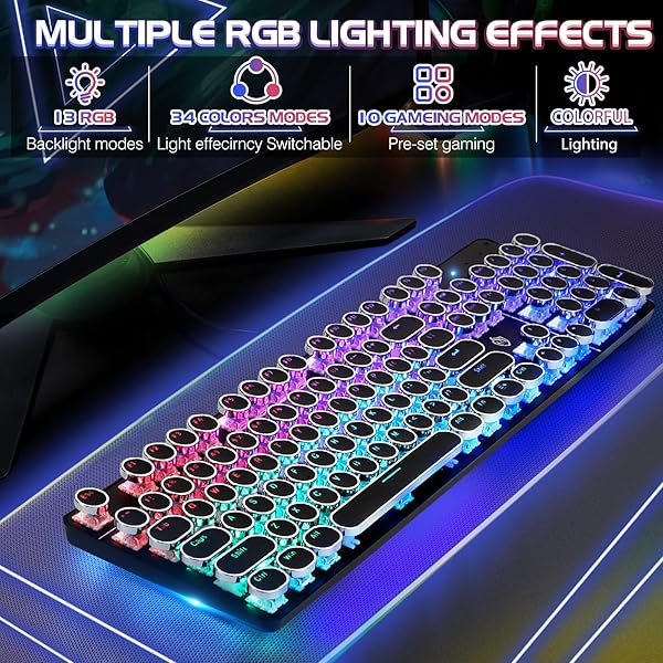 YSCP YSCP Typewriter Style Mechanical Gaming Keyboard RGB Backlit Wired Blue Switch Retro Round Keycap 104 Keys Compatible with Laptops and Desktops - View 3 of 8