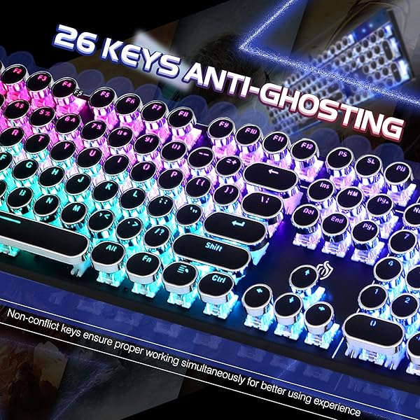 YSCP YSCP Typewriter Style Mechanical Gaming Keyboard RGB Backlit Wired Blue Switch Retro Round Keycap 104 Keys Compatible with Laptops and Desktops - View 5 of 8
