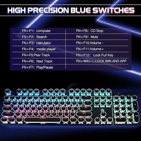 YSCP YSCP Typewriter Style Mechanical Gaming Keyboard RGB Backlit Wired Blue Switch Retro Round Keycap 104 Keys Compatible with Laptops and Desktops - View 6 of 8