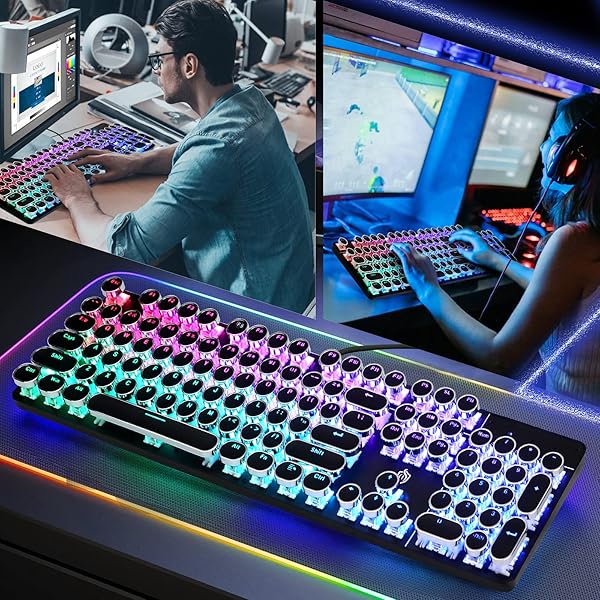 YSCP YSCP Typewriter Style Mechanical Gaming Keyboard RGB Backlit Wired Blue Switch Retro Round Keycap 104 Keys Compatible with Laptops and Desktops - View 8 of 8