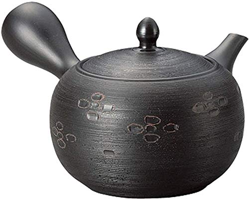 Youtobi Japanese Kyusu Tokoname Clay Teapot 13.5 Ounces Haruaki Flower Pattern Black Pine Tree Design G747