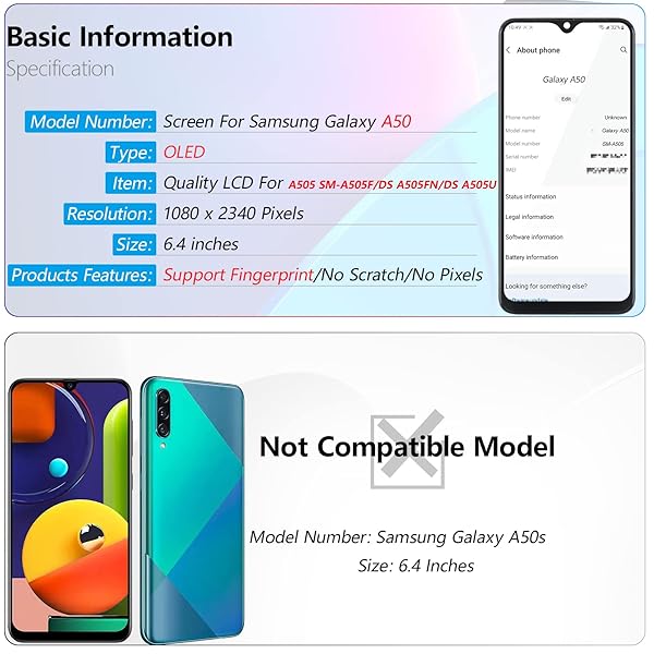 YWLRONG Samsung Galaxy A50 2019 OLED Screen Replacement LCD Touch Display Digitizer Assembly with Repair Tools and Fingerprint Sensor Support - View 4 of 10