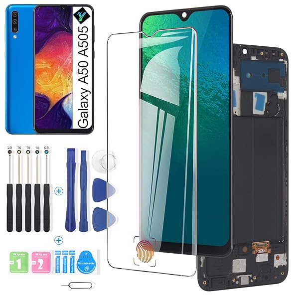 YWLRONG Samsung Galaxy A50 2019 OLED Screen Replacement LCD Touch Display Digitizer Assembly with Repair Tools and Fingerprint Sensor Support