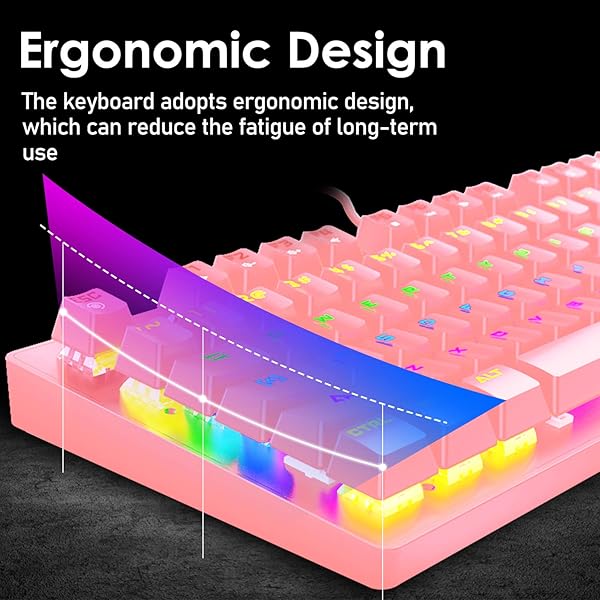 LexonElec LexonElec K2 Mechanical Gaming Keyboard Blue Switch Mini 82 Keys Wired Rainbow LED Backlit Lightweight Gaming Mouse 6400DPI for MAC PC Gamers Pink - View 3 of 8