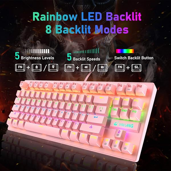 LexonElec LexonElec K2 Mechanical Gaming Keyboard Blue Switch Mini 82 Keys Wired Rainbow LED Backlit Lightweight Gaming Mouse 6400DPI for MAC PC Gamers Pink - View 4 of 8