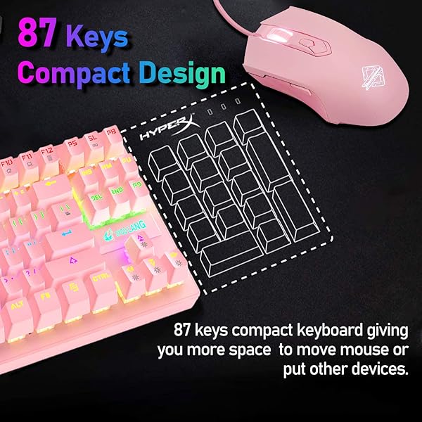 LexonElec LexonElec K2 Mechanical Gaming Keyboard Blue Switch Mini 82 Keys Wired Rainbow LED Backlit Lightweight Gaming Mouse 6400DPI for MAC PC Gamers Pink - View 5 of 8
