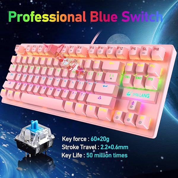 LexonElec LexonElec K2 Mechanical Gaming Keyboard Blue Switch Mini 82 Keys Wired Rainbow LED Backlit Lightweight Gaming Mouse 6400DPI for MAC PC Gamers Pink - View 6 of 8