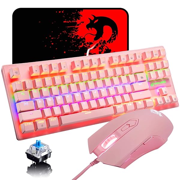 LexonElec LexonElec K2 Mechanical Gaming Keyboard Blue Switch Mini 82 Keys Wired Rainbow LED Backlit Lightweight Gaming Mouse 6400DPI for MAC PC Gamers Pink