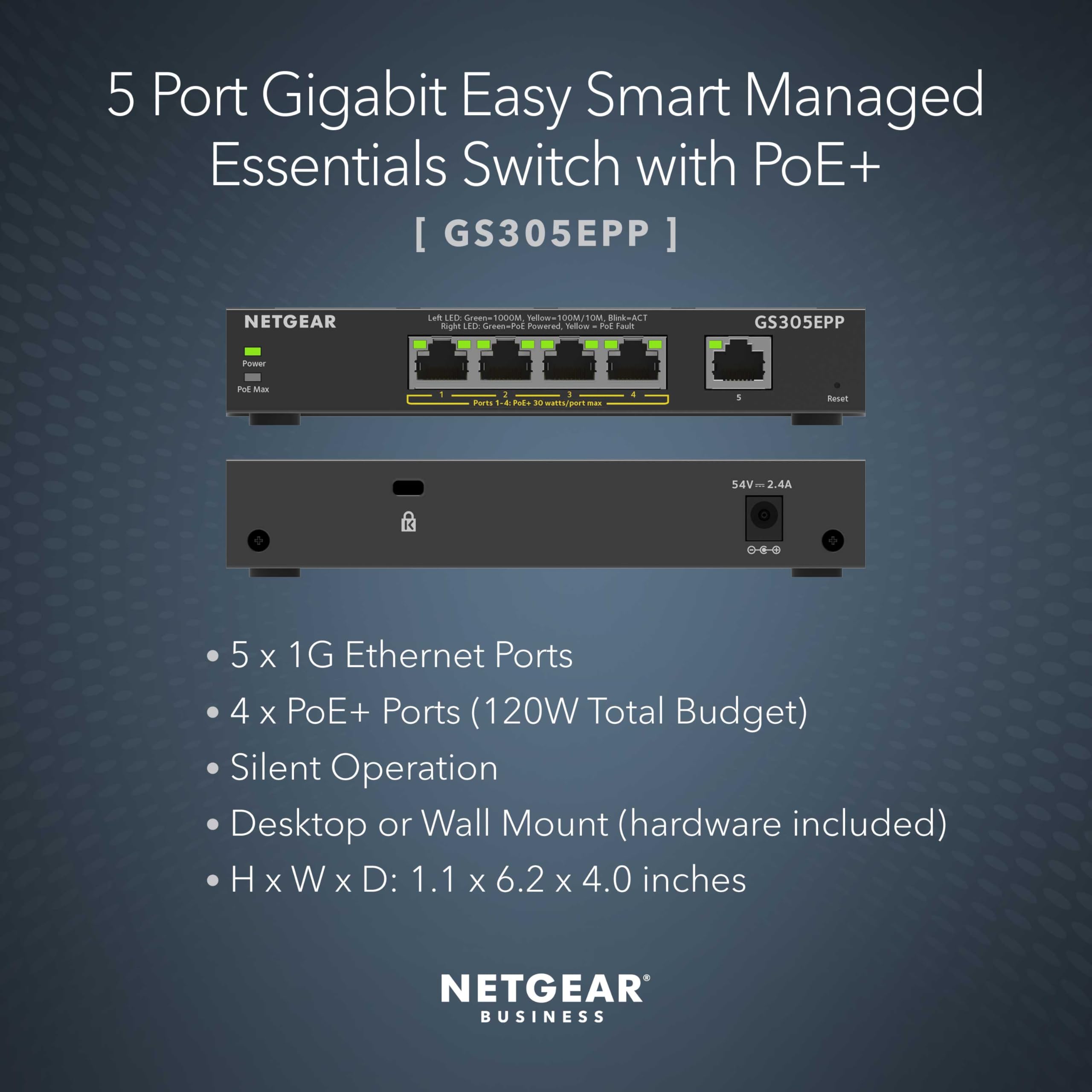 NETGEAR NETGEAR 5 Port PoE Gigabit Ethernet Easy Smart Managed Switch GS305EPP with 4 PoE+ 120W Desktop or Wall Mount - View 2 of 6