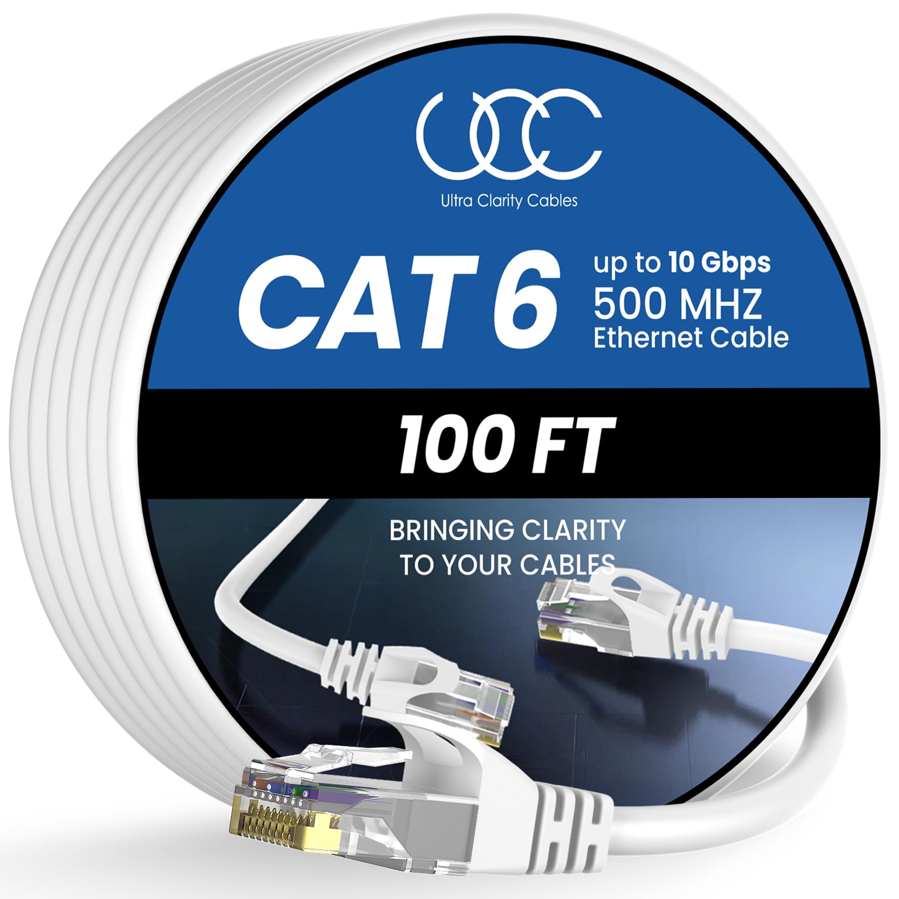 Ultra Clarity Cables High Speed Cat 6 Ethernet Cable 100 ft 10Gbps Indoor Outdoor Rj45 for Computer Router Modem PS4 PS5 Xbox Gaming White