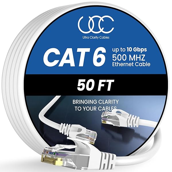 High Speed Cat 6 Ethernet Cable 50 ft 10Gbps Indoor Outdoor Rj45 for Computer Router Modem PS4 PS5 Xbox Gaming White