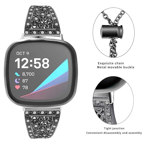 FitTurn Fitbit Versa 4 3 Sense 2 Compatible Women's Bling Metal Strap Stainless Steel Jewelry Bangle Wrist Bracelet Rhinestone Accessories Black - View 3 of 7