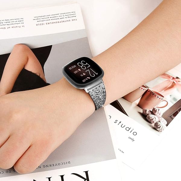 FitTurn Fitbit Versa 4 3 Sense 2 Compatible Women's Bling Metal Strap Stainless Steel Jewelry Bangle Wrist Bracelet Rhinestone Accessories Black - View 5 of 7