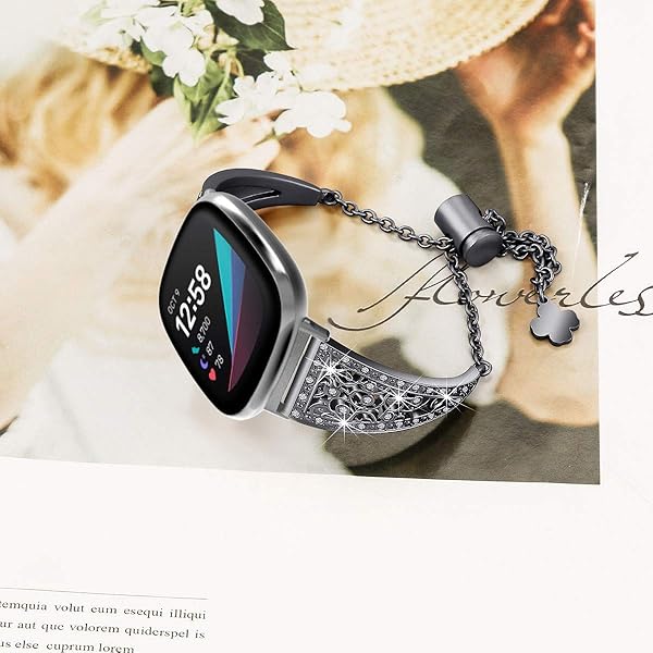 FitTurn Fitbit Versa 4 3 Sense 2 Compatible Women's Bling Metal Strap Stainless Steel Jewelry Bangle Wrist Bracelet Rhinestone Accessories Black - View 6 of 7