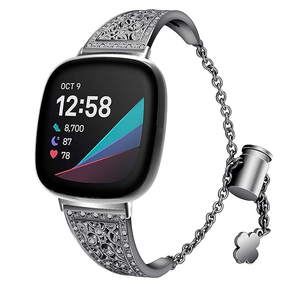 Fitbit Versa 4 3 Sense 2 Compatible Women's Bling Metal Strap Stainless Steel Jewelry Bangle Wrist Bracelet Rhinestone Accessories Black