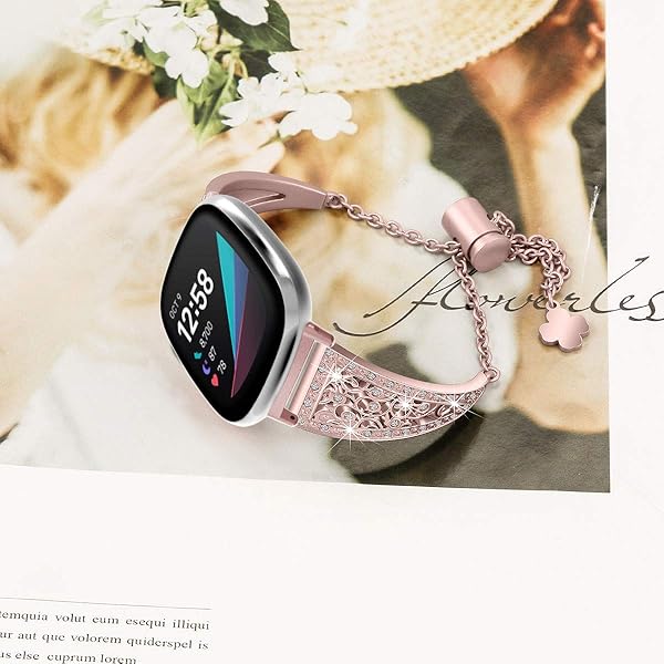 FitTurn Fitbit Versa 3 and Sense Compatible Bling Metal Strap for Women Stainless Steel Jewelry Bangle Wrist Bracelet Pink Replacement Accessory - View 6 of 7