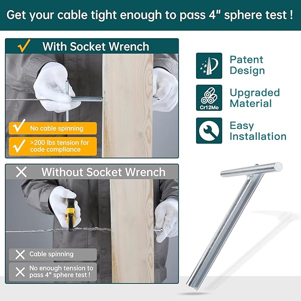 Muzata Muzata 2 Pack Upgraded Custom Socket Wrench for 1/8 Inch Invisible Cable Railing Kit Hardware Hidden Tensioner for Cable Railing System - View 4 of 8