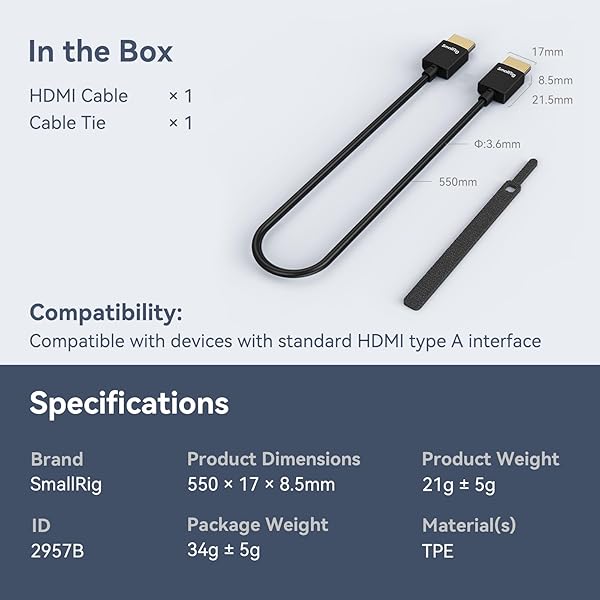 SMALLRIG SmallRig Upgraded Ultra Thin HDMI Cable 55cm/1.8Ft (A to A), 4K Hyper Super Flexible Slim Cord, High Speed Supports 3D, 4K@60Hz, Ethernet, ARC Type-A Male to Male for Camera, Monitor, Gimbal - 2957B - View 9 of 10